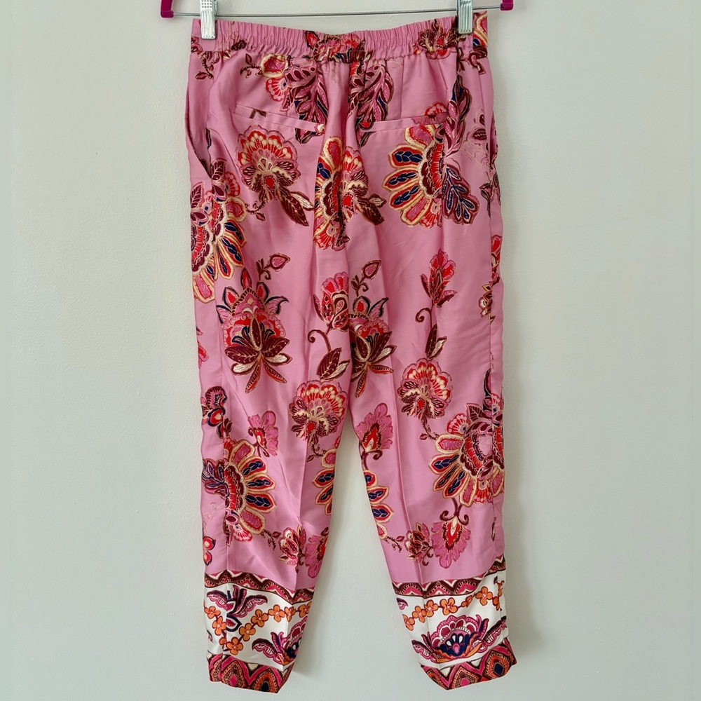 Zara Vibrant Pink Floral Satin Ankle Length Pants Size Small - Picture 8 of 9